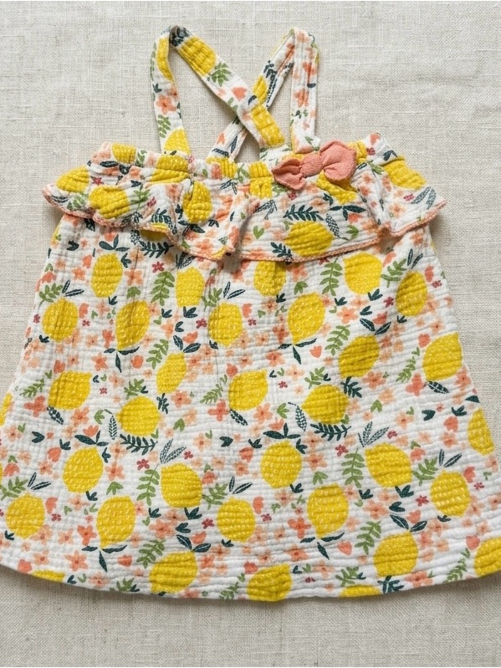 Mud Pie Lemon Print Baby Girl Dress 12-18M Ruffle Sundress Cottagecore EUC